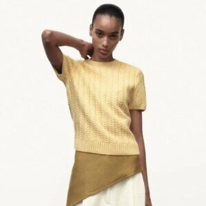 ZARA Wool Yellow Short Sleeve Cable Knit Sweater